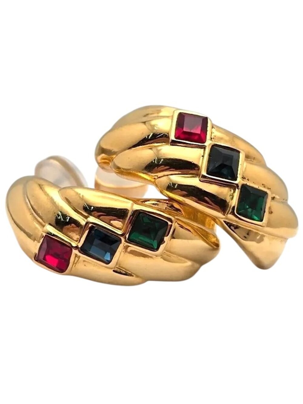 Vintage 1990s Pierced Earrings Multicoloured Stones Gold Tone Demi Hoop